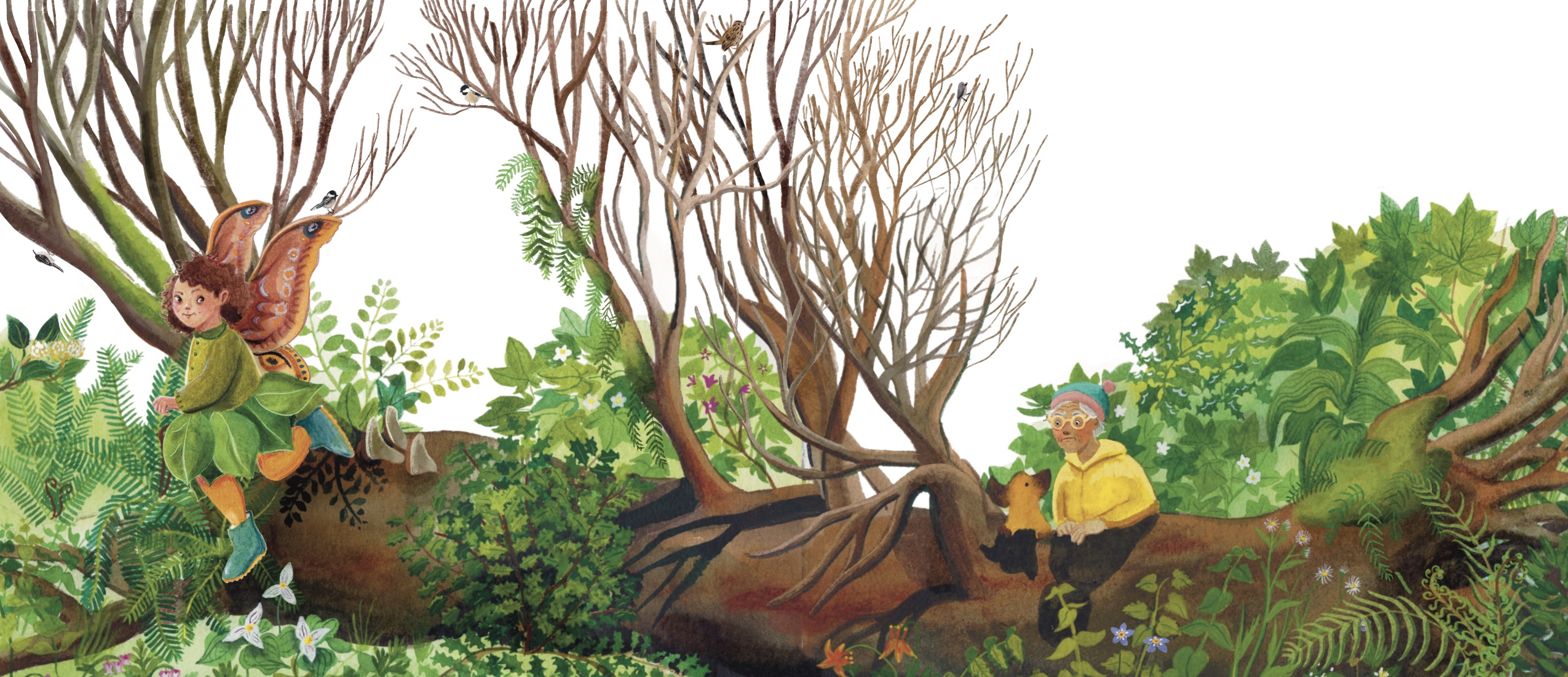 A man looks over a fallen log at a fairy