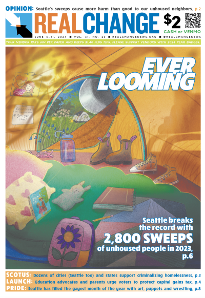 Inside of a tent with the silhouette of a bulldozer looming outside to represent the threat of homelessness sweeps